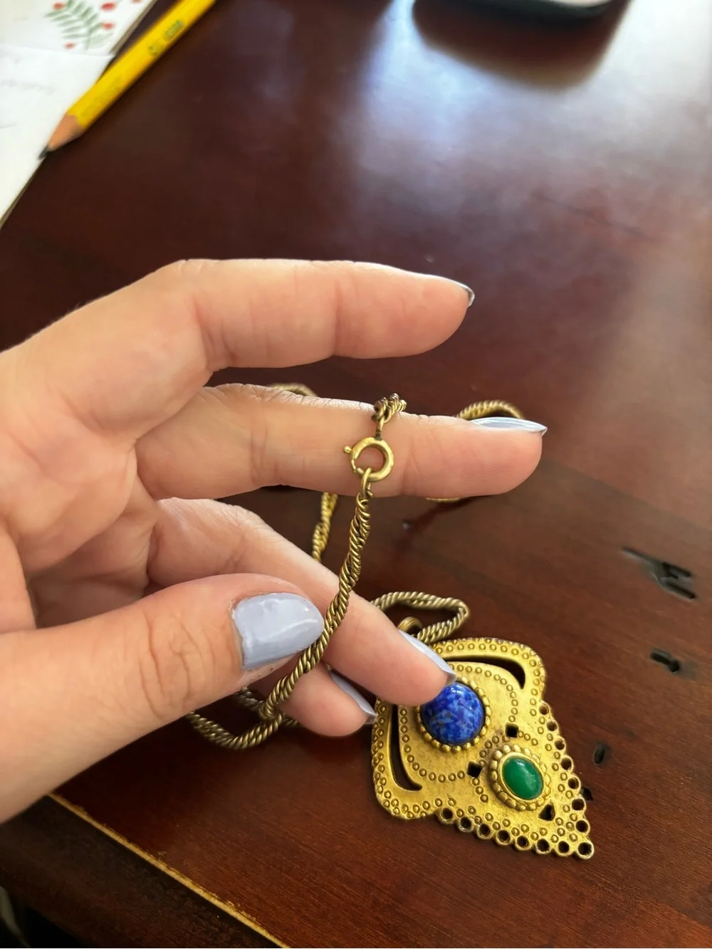 Gold Filled Pendant Necklace with Blue and Green Stones - Picture 3 of 3